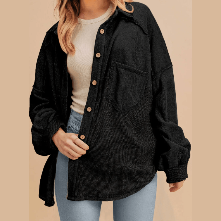 Delilah Black Waffle Knit Patchwork Exposed Seam Loose Shacket