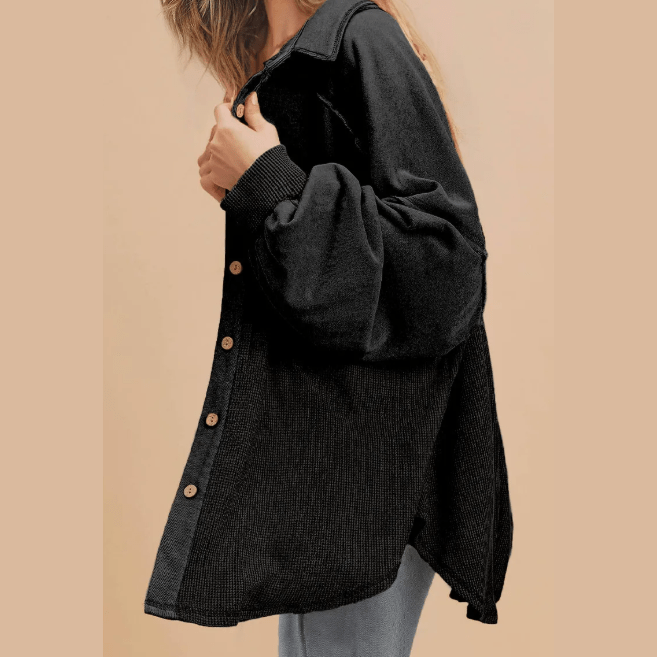 Delilah Black Waffle Knit Patchwork Exposed Seam Loose Shacket