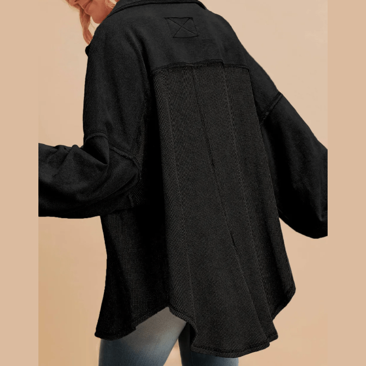 Delilah Black Waffle Knit Patchwork Exposed Seam Loose Shacket