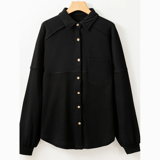 Delilah Black Waffle Knit Patchwork Exposed Seam Loose Shacket