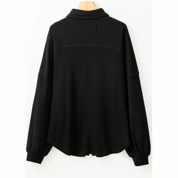Delilah Black Waffle Knit Patchwork Exposed Seam Loose Shacket