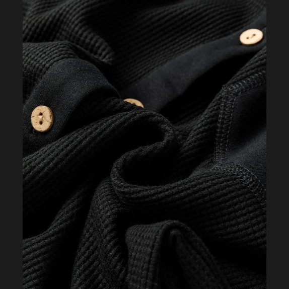 Delilah Black Waffle Knit Patchwork Exposed Seam Loose Shacket