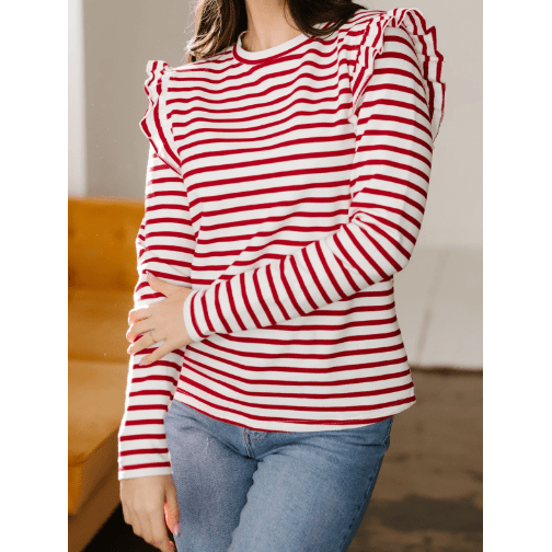 Leia Red Stripe Round Neck Ruffle Trim Long Sleeve Top