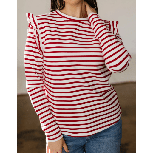 Leia Red Stripe Round Neck Ruffle Trim Long Sleeve Top