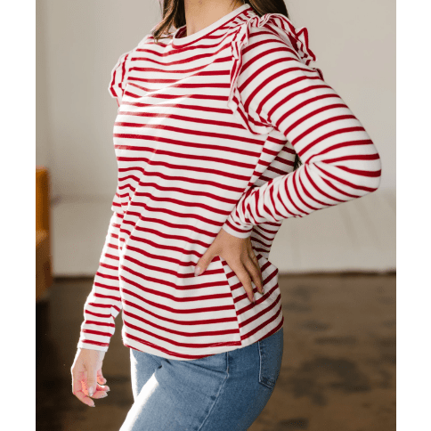 Leia Red Stripe Round Neck Ruffle Trim Long Sleeve Top