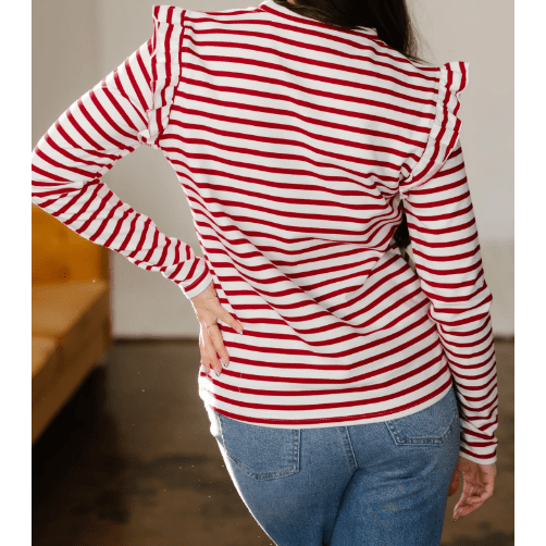 Leia Red Stripe Round Neck Ruffle Trim Long Sleeve Top