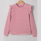 Leia Red Stripe Round Neck Ruffle Trim Long Sleeve Top
