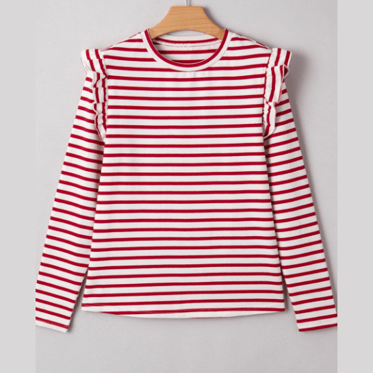 Leia Red Stripe Round Neck Ruffle Trim Long Sleeve Top