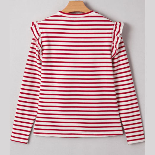 Leia Red Stripe Round Neck Ruffle Trim Long Sleeve Top