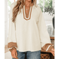 Cindie Off White Color Block Patchwork Detail V Neck Textured Long Sleeve Blouse
