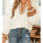 Cindie Off White Color Block Patchwork Detail V Neck Textured Long Sleeve Blouse