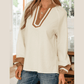 Cindie Off White Color Block Patchwork Detail V Neck Textured Long Sleeve Blouse