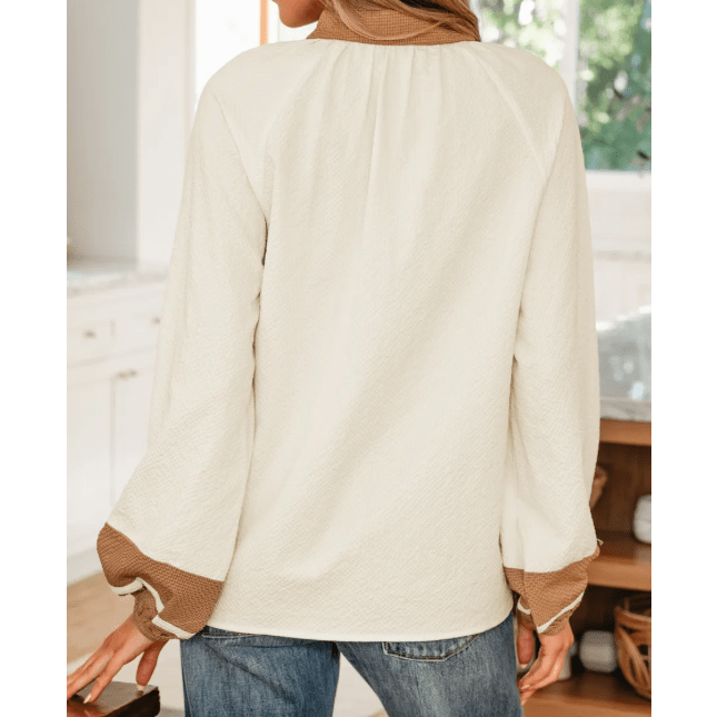 Cindie Off White Color Block Patchwork Detail V Neck Textured Long Sleeve Blouse