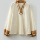 Cindie Off White Color Block Patchwork Detail V Neck Textured Long Sleeve Blouse