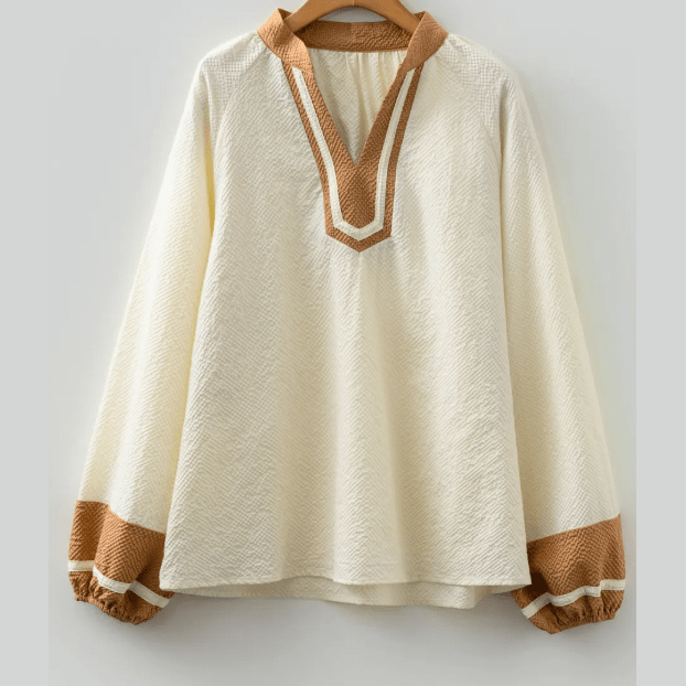 Cindie Off White Color Block Patchwork Detail V Neck Textured Long Sleeve Blouse