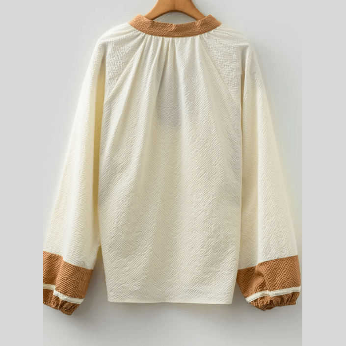 Cindie Off White Color Block Patchwork Detail V Neck Textured Long Sleeve Blouse