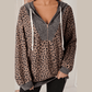 Pennie Ribbed Leopard Print Contrast Collar Zip Hooded Pullover Sweatshirt