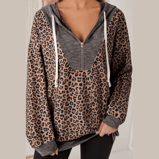 Pennie Ribbed Leopard Print Contrast Collar Zip Hooded Pullover Sweatshirt