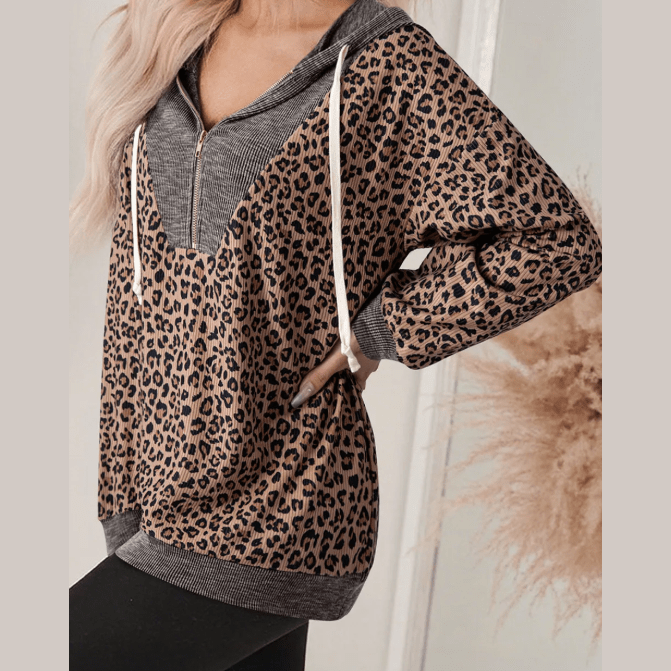 Pennie Ribbed Leopard Print Contrast Collar Zip Hooded Pullover Sweatshirt