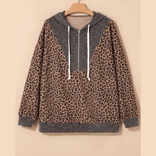 Pennie Ribbed Leopard Print Contrast Collar Zip Hooded Pullover Sweatshirt