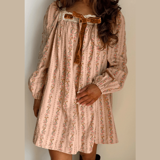 Elissa Khaki Floral Print Contrast Velvet Bow Lace Patchwork Long Sleeve Loose Mini Dress