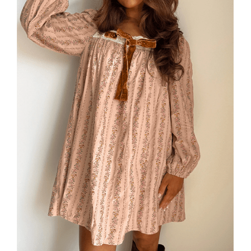 Elissa Khaki Floral Print Contrast Velvet Bow Lace Patchwork Long Sleeve Loose Mini Dress