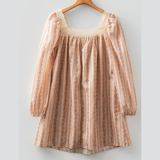 Elissa Khaki Floral Print Contrast Velvet Bow Lace Patchwork Long Sleeve Loose Mini Dress