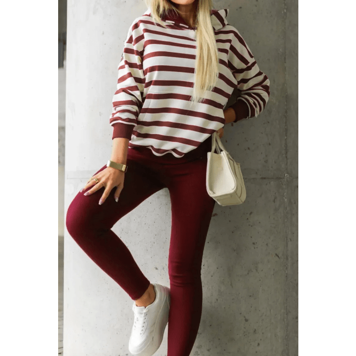 Tedra Red Stripe Pullover Hoodie Ribbed Solid Pants 2pcs Set Outfit