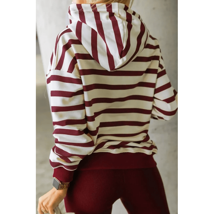 Tedra Red Stripe Pullover Hoodie Ribbed Solid Pants 2pcs Set Outfit