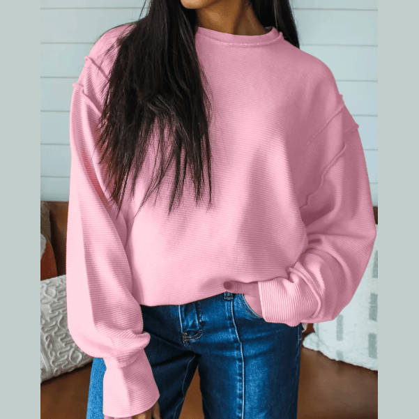 Maureen Pink Horizontal Ribbed Exposed Seam Detail Drop Shoulder Baggy Pullover