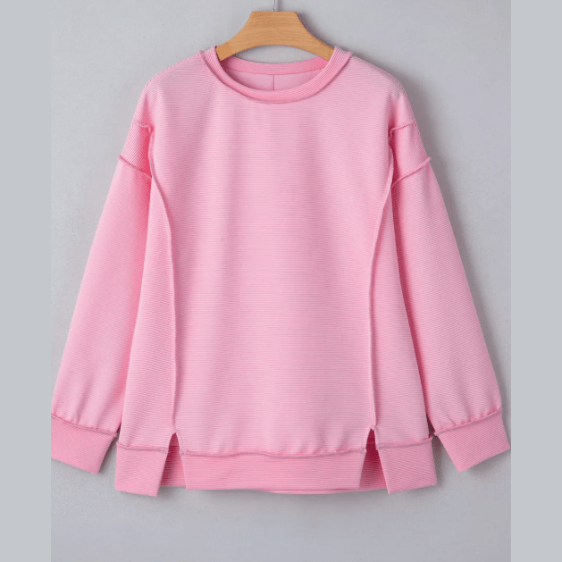 Maureen Pink Horizontal Ribbed Exposed Seam Detail Drop Shoulder Baggy Pullover