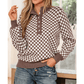 Alessi Dark Brown Half Button Ribbed Trim Checkerboard Knit Sweater