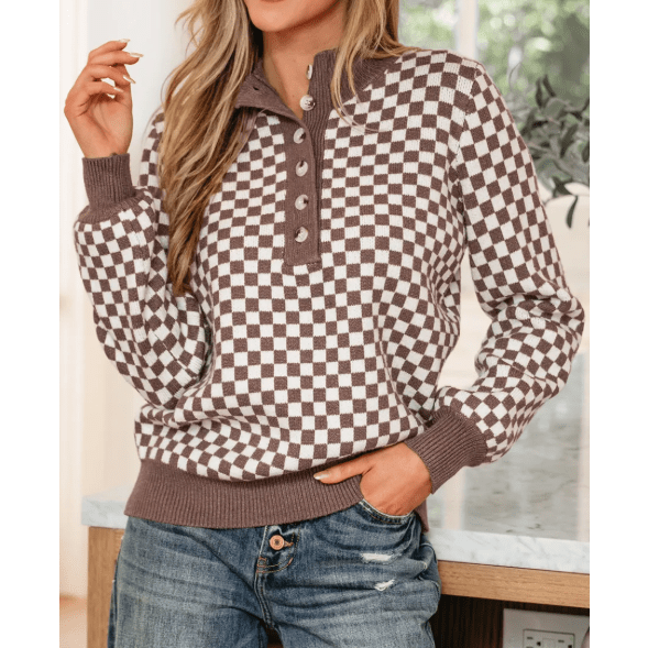 Alessi Dark Brown Half Button Ribbed Trim Checkerboard Knit Sweater