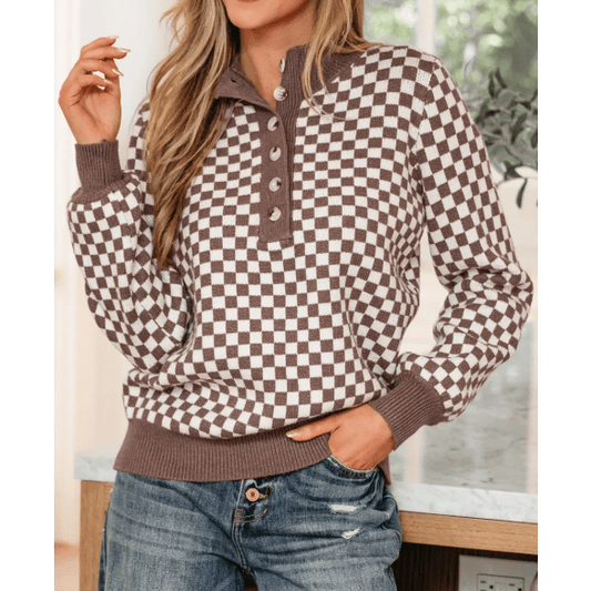 Alessi Dark Brown Half Button Ribbed Trim Checkerboard Knit Sweater