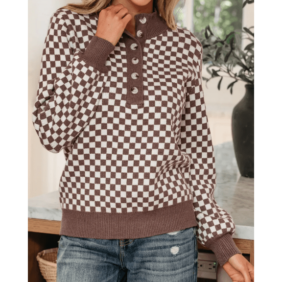 Alessi Dark Brown Half Button Ribbed Trim Checkerboard Knit Sweater