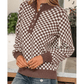 Alessi Dark Brown Half Button Ribbed Trim Checkerboard Knit Sweater