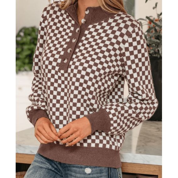Alessi Dark Brown Half Button Ribbed Trim Checkerboard Knit Sweater