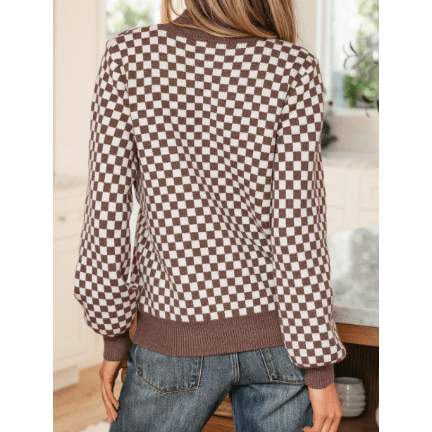 Alessi Dark Brown Half Button Ribbed Trim Checkerboard Knit Sweater
