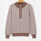 Alessi Dark Brown Half Button Ribbed Trim Checkerboard Knit Sweater