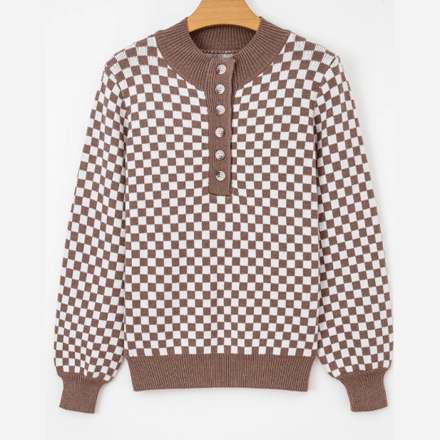 Alessi Dark Brown Half Button Ribbed Trim Checkerboard Knit Sweater