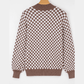 Alessi Dark Brown Half Button Ribbed Trim Checkerboard Knit Sweater