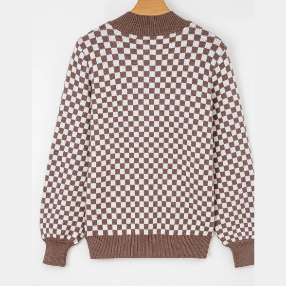 Alessi Dark Brown Half Button Ribbed Trim Checkerboard Knit Sweater