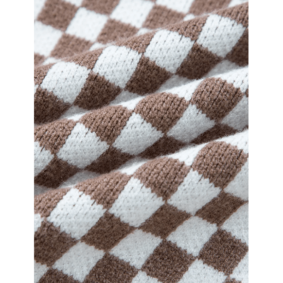 Alessi Dark Brown Half Button Ribbed Trim Checkerboard Knit Sweater