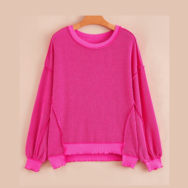 Sammie Pink Twisted Rib Uneven Hem Drop Shoulder Loose Knit Top