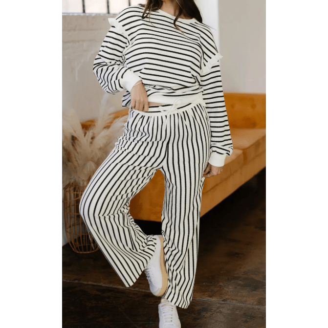 Urmi White Stripe Ruffle Trim Drop Shoulder Top Drawstring Loose Pant Set