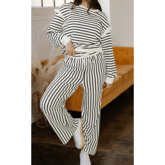 Urmi White Stripe Ruffle Trim Drop Shoulder Top Drawstring Loose Pant Set
