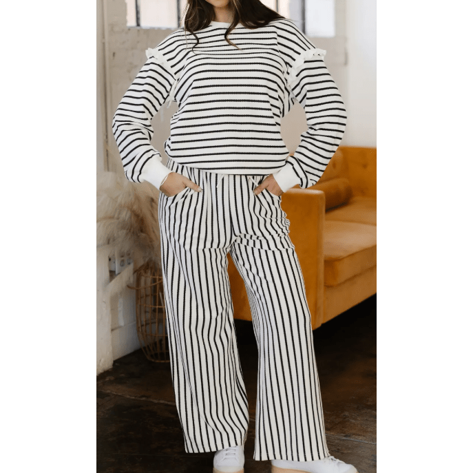 Urmi White Stripe Ruffle Trim Drop Shoulder Top Drawstring Loose Pant Set