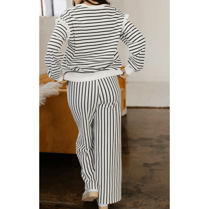 Urmi White Stripe Ruffle Trim Drop Shoulder Top Drawstring Loose Pant Set