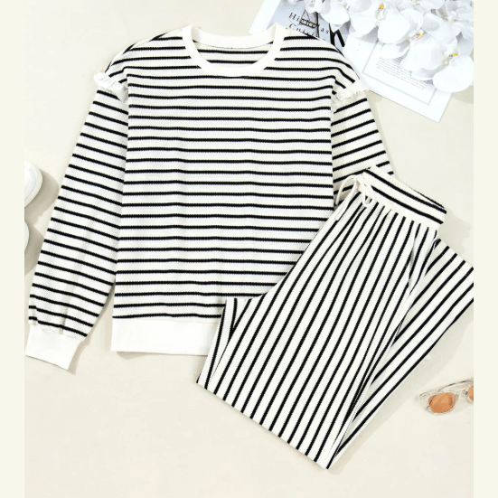 Urmi White Stripe Ruffle Trim Drop Shoulder Top Drawstring Loose Pant Set