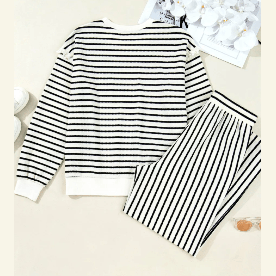 Urmi White Stripe Ruffle Trim Drop Shoulder Top Drawstring Loose Pant Set